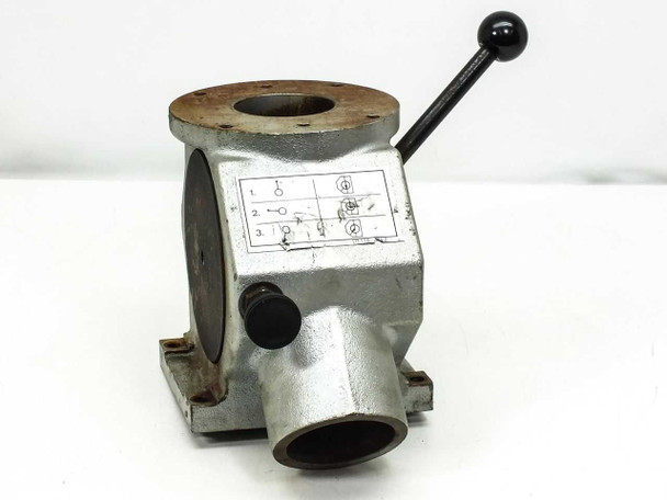 Three-way cast iron gate valve with black ball-end hand lever — front and position diagram panel view