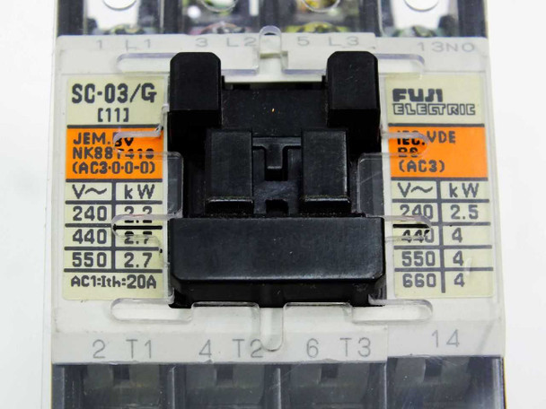 Fuji Electric SC-03/G contactor – close-up of rating plate showing JEM NK88-413, IEC AC3 power ratings, coil terminals A1/A2, and input/output power terminals L1 L2 L3 / T1 T2 T3