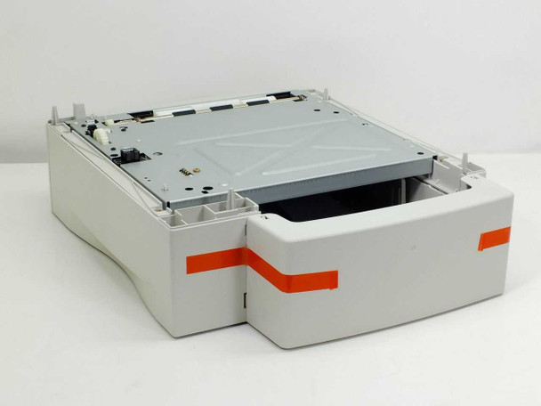 HP C8055A 500-Sheet Paper Feeder rear-left view with tray open, orange protective shipping tape still in place on the tray body
