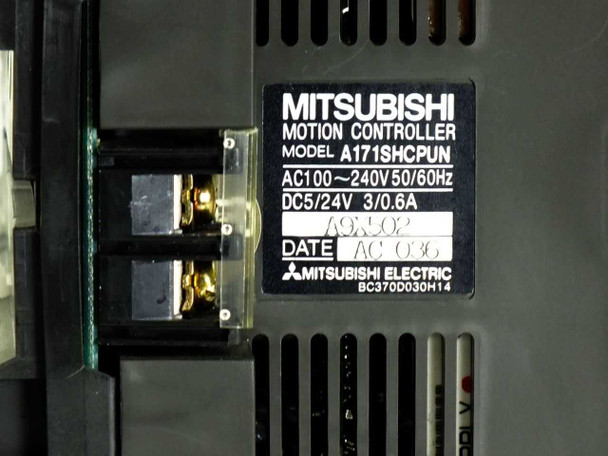 Mitsubishi Electric A171SHCPUN rating plate showing model number, AC100–240V 50/60Hz 105VA input, DC5V 3A and DC24V 0.6A output, and date code AC036