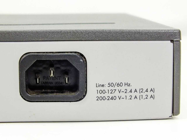 HP ProCurve 2524 rear panel showing IEC C14 power inlet with voltage rating 100-127V / 200-240V 50/60Hz