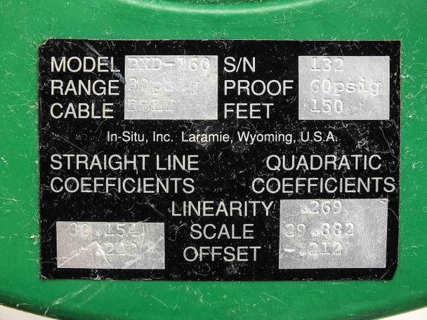 In-Situ PXD-260 calibration label closeup – showing model PXD-260, 30 PSIg range, 150ft cable, straight line and quadratic coefficients
