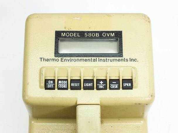 Thermo Environmental 580B OVM – top panel close-up showing LCD display and control buttons: ON/OFF, MODE/STORE, RESET, LIGHT, INC, CRSR, SPKR