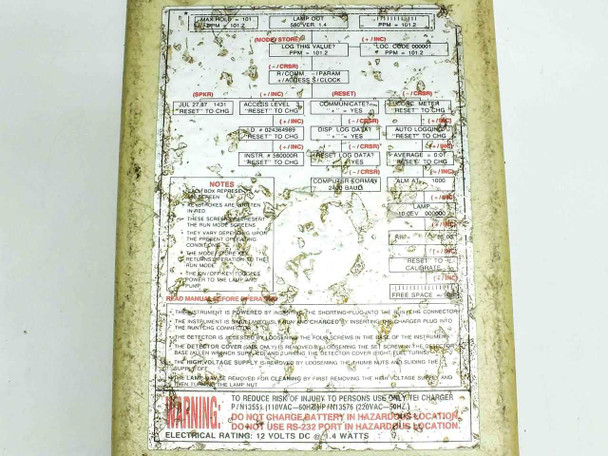 Thermo Environmental 580B OVM – internal reference label showing programming guide, instrument settings, and warning notices