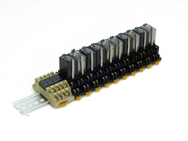 Omron G3FM-2R5 SLN solid state relay and G6B-1114P relay assembly mounted on metal DIN rail slider – full assembly front-angle view