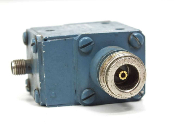 WMI WMI16453 RF isolator – front-right view showing N-type female connector port and blue anodized aluminum body with mounting screw holes