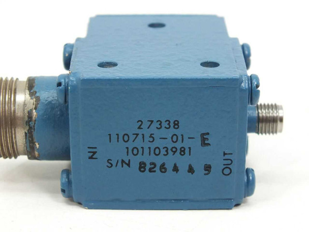 RF Coaxial Isolator 110715-01 27338 — side panel close-up showing stamped part numbers 27338, 110715-01-E, 101103981, and S/N 826445 with IN/OUT labels