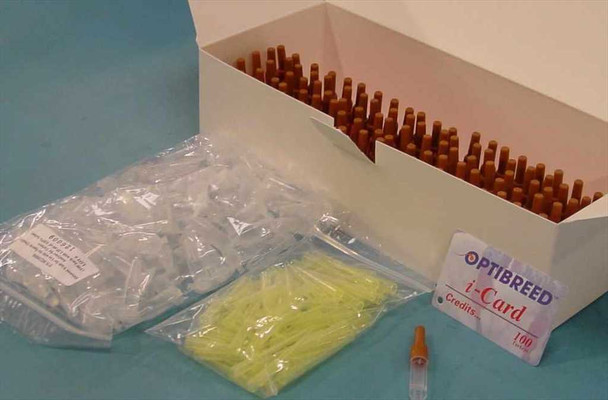 Optibreed 460112 Turkey Test Kit — full kit contents from slightly elevated angle showing capillary tray, pipette tip bag, diluent tubes, and i-Card beside open box