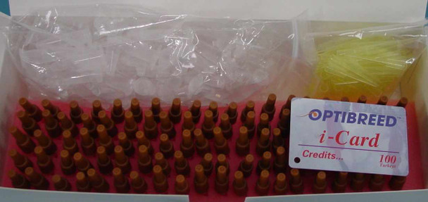 Optibreed 460112 Turkey SQA III Test Kit — top-down view inside box showing rows of capillaries in tray, bagged pipette tips, bagged diluent tubes, and i-Card (100 Credits)