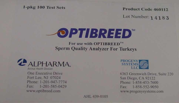 Optibreed 460112 product code label — box end showing '1-pkg 100 Test Sets', Product Code 460112, Lot Number 14183, Alpharma and Progeny Systems LLC contact information
