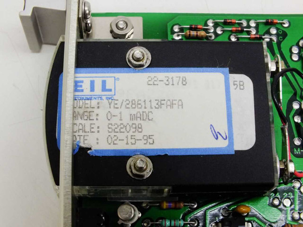 GasTech 24-0142 Input Module — close-up of EIL Instruments meter label showing model YE/286113FAFA, range 0-1 mADC, calibration date 02-15-95, part 22-3178