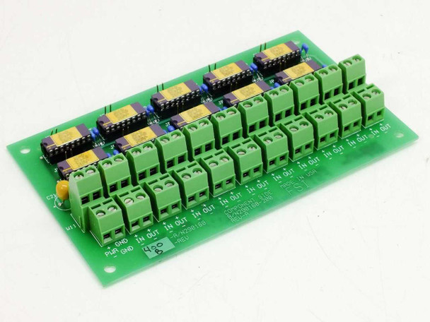 FSI 290168-400 Mercury Interface PCB top view showing labeled In Out screw terminals and relay modules across board