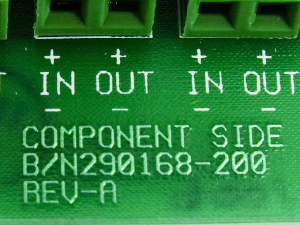 FSI PCB board marking closeup showing B/N 290168-200 Rev A and In Out terminal labels on component side