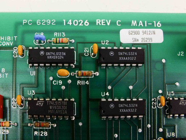 Keithley PC 6292 14026 REV C MAI-16 close-up of board label and ICs including Motorola SN74LS32N and ST 74LS157B1