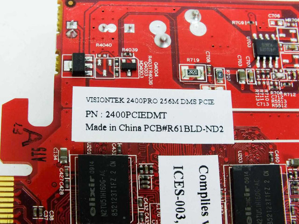 VisionTek 2400PCIEDMT label closeup — shows model 2400PRO 256M DMS PCIE, PN 2400PCIEDMT, Made in China, PCB#R61BLD-ND2