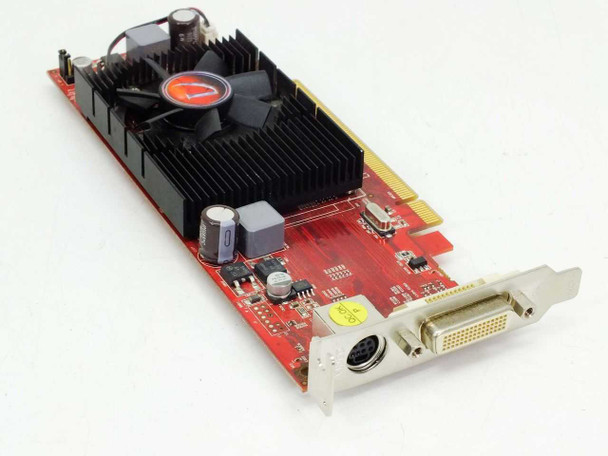 VisionTek ATI Radeon HD 2400PRO 2400PCIEDMT 256MB PCIe video card — angled top view showing fan, heatsink, DVI and S-Video ports on bracket