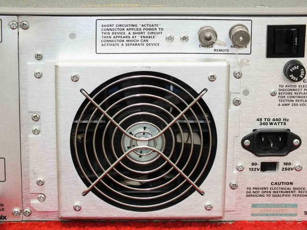 Tektronix 7912AD — rear panel detail of large cooling fan, IEC AC inlet, power rating label (48–440 Hz, 340W, 90–132V / 180–250V), Enable and Remote connectors