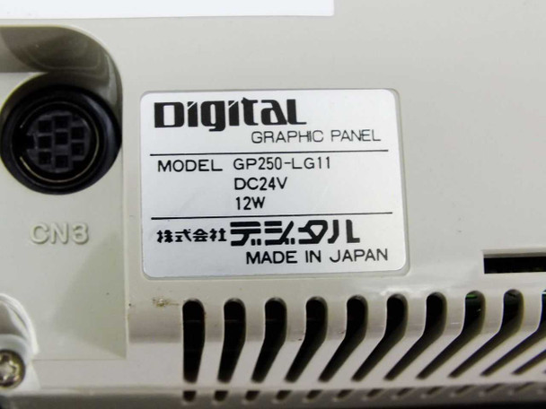 Pro-face GP250-LG11 — close-up of rear rating label showing Digital brand, model GP250-LG11, DC24V 12W, Made in Japan