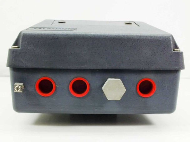 Foxboro E99-FAIN pH Transmitter – front panel view showing four red banana jack input connections and conduit knockout