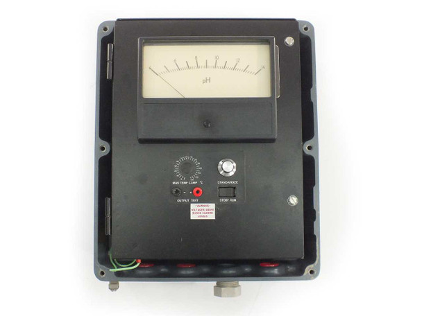Foxboro E99-FAIN pH Transmitter – interior front panel open showing large analog pH meter, manual temp comp and standardize controls, output and start run switches