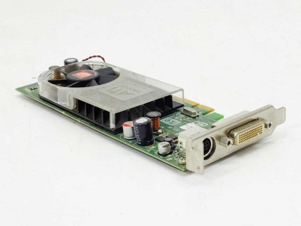 ATI Radeon X2400 109-B27631-00 low profile PCIe video card — angled top view showing fan, heatsink, DMS-59 port, and S-Video connector on bracket