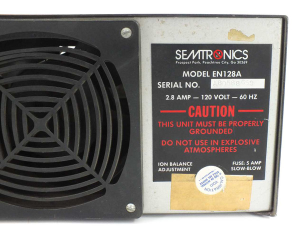 Semtronics EN128A ionizer — bottom rating plate showing model EN128A, 2.8A 120V 60Hz, ion balance adjustment, and 5A slow-blow fuse note