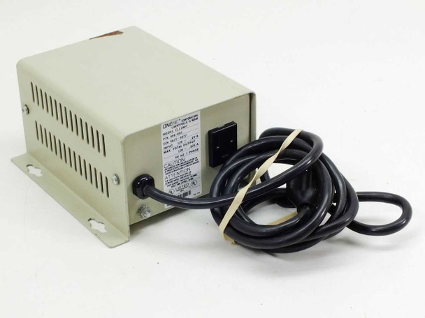 ONEAC CL11007 Power Line Conditioner Filter — left-side angle view showing rating label, black AC output receptacle on rear panel, and attached AC power cord
