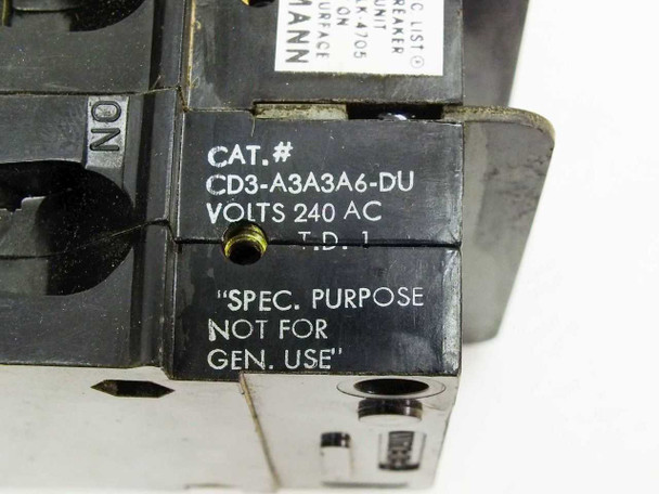Heinemann CD3-A3A3A6-DU rating label closeup showing Cat. No., 240VAC voltage rating, T.D. 1, and Spec. Purpose Not for Gen. Use designation