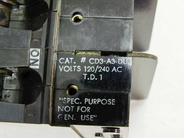 Heinemann CD3-A3-DU rating plate close-up showing Cat. No. CD3-A3-DU, Volts 120/240 AC, T.D. 1, and Special Purpose Not For Gen. Use designation