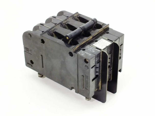 Heinemann CD3-A8-DU 3-pole circuit breaker – side and rear view showing terminal connections and label plate