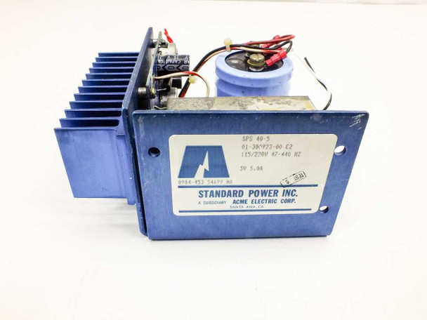 Standard Power SPS 40-5 power supply — front panel label showing model SPS 40-5, part number 01-300922-00 C2, 115/220V 47-400Hz, 5V 5.0A, Standard Power Inc. / Acme Electric Corp.