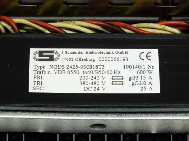 J. Schneider NGDS 2425-930818T3 rating plate closeup showing model number, VDE 0550 rating, 200-480V primary, 24VDC 25A secondary, 600W