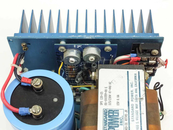 Standard Power SPS 120-15 interior board view – rectifier section, trimmer potentiometers, and terminal wiring