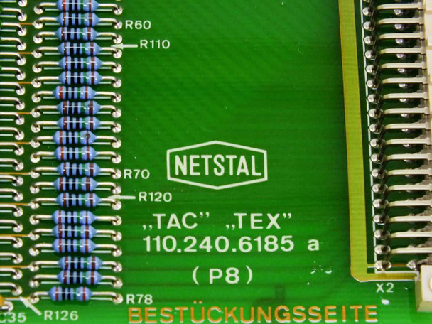 Netstal TAC TEX 110.240.6185a P8 silkscreen label close-up showing part number, revision, and BESTÜCKUNGSSEITE marking