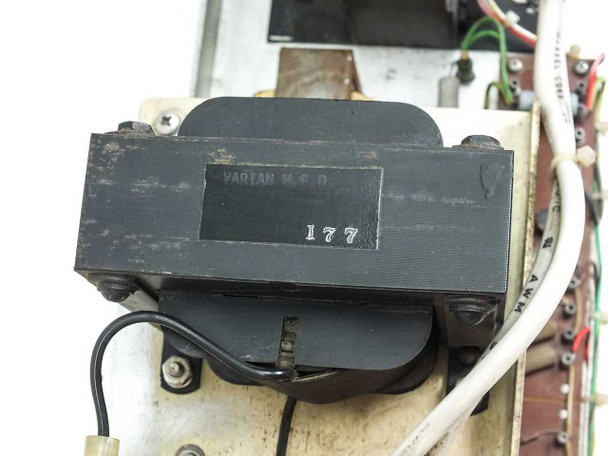 Varian Klystron RF Power Supply – close-up of large Varian MFD transformer block marked 177 showing manufacturer branding