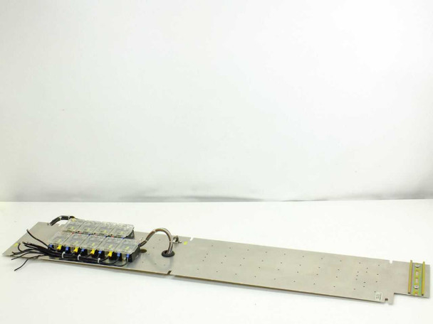 Crydom SSR relay panel assembly — full length overhead view showing 10 solid state relays on 42x8 stainless steel heatsink with wiring harness