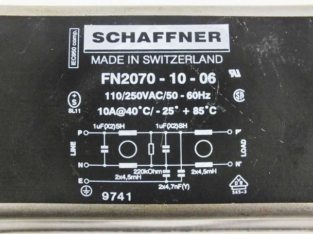 Schaffner FN2070-10-06 label close-up showing model number, 110/250VAC 50-60Hz rating, 10A at 40°C, and circuit diagram