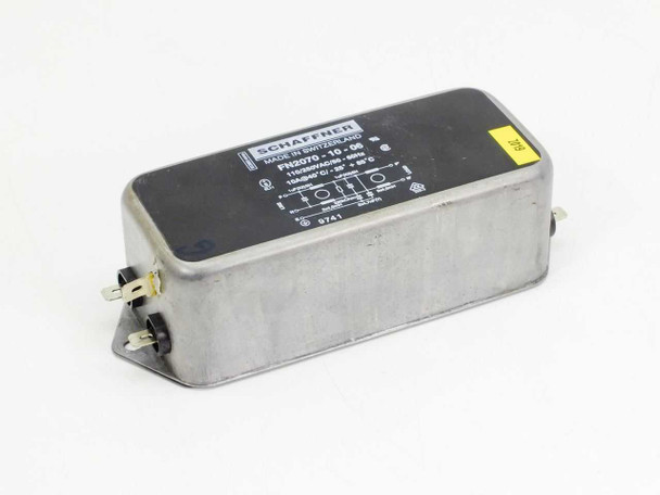 Schaffner FN2070-10-06 10A EMI line filter – left-side three-quarter view showing label and quick-connect terminals