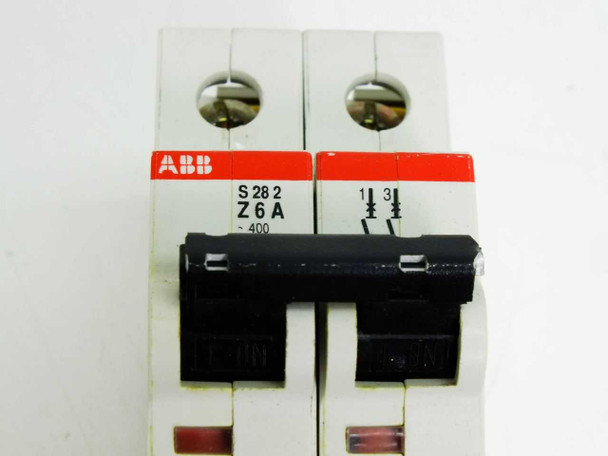 ABB S282 Z6A circuit breaker — front label close-up showing S282, Z6A, and 400V markings with terminal screws