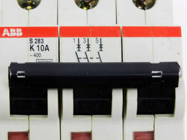 ABB S283 K10A — close-up label view showing S283, K10A, -400 rating and pole numbering 1, 3, 5