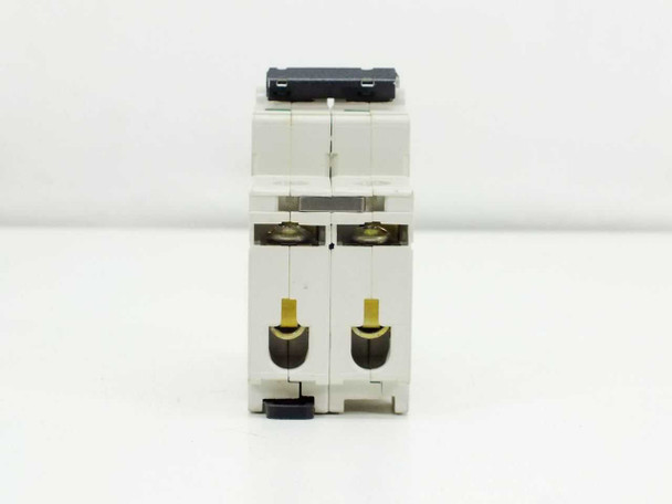ABB S282-K20W bottom view showing two yellow screw terminal heads and DIN rail snap mount