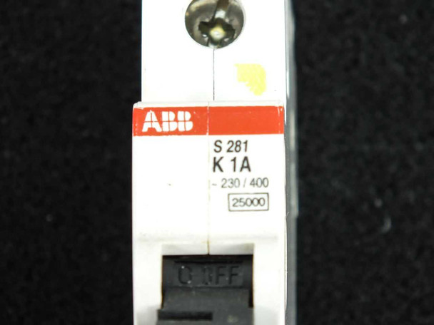 ABB S281 K1A label closeup showing S281, K 1A, 230/400V, and 25000 breaking capacity marking