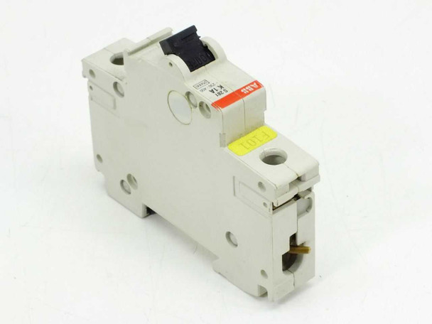 ABB S281 K1A circuit breaker – alternate angle showing yellow status indicator and DIN rail clip