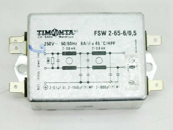 Timonta FSW 2-65-6/0.5 EMI suppression filter — rear label view showing Timonta AG CH-6850 Mendrisio branding and full spec plate