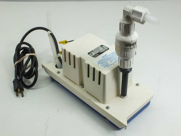 Little Giant VCC-20ULS 554200 condensate pump — three-quarter front-left view showing white motor housing, blue reservoir base, discharge assembly, and coiled power cord