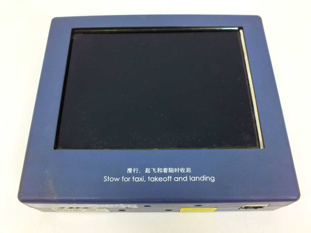 Top-down front view of 40-624715-101 7-inch aircraft seat testing monitor showing full LCD screen bezel and stow instruction text
