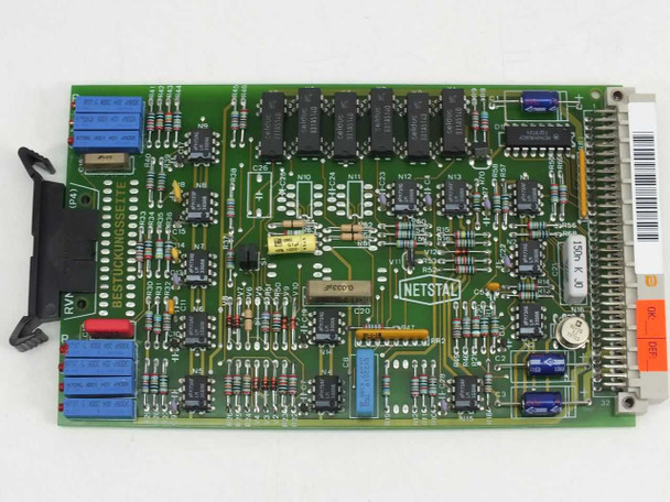 Netstal RVN 110.240.7129c control board front view showing green PCB with ICs, blue terminal blocks, and Netstal silkscreen label