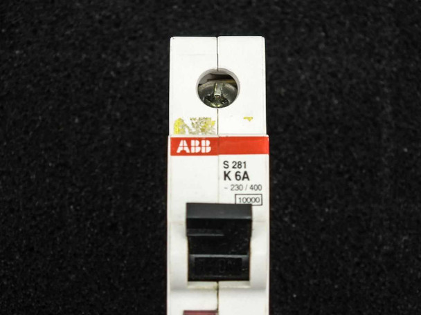 ABB S281 K6A label closeup showing S281, K6A, 230/400V, and 10000 interrupt rating