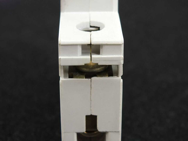 ABB S281 K6A bottom terminal view showing ring-tongue compatible screw terminal and DIN rail clip