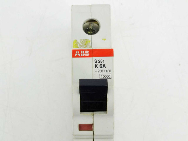 ABB S281 K6A label side view showing S281, K6A, 230/400V, and 10000 interrupt rating on red ABB label